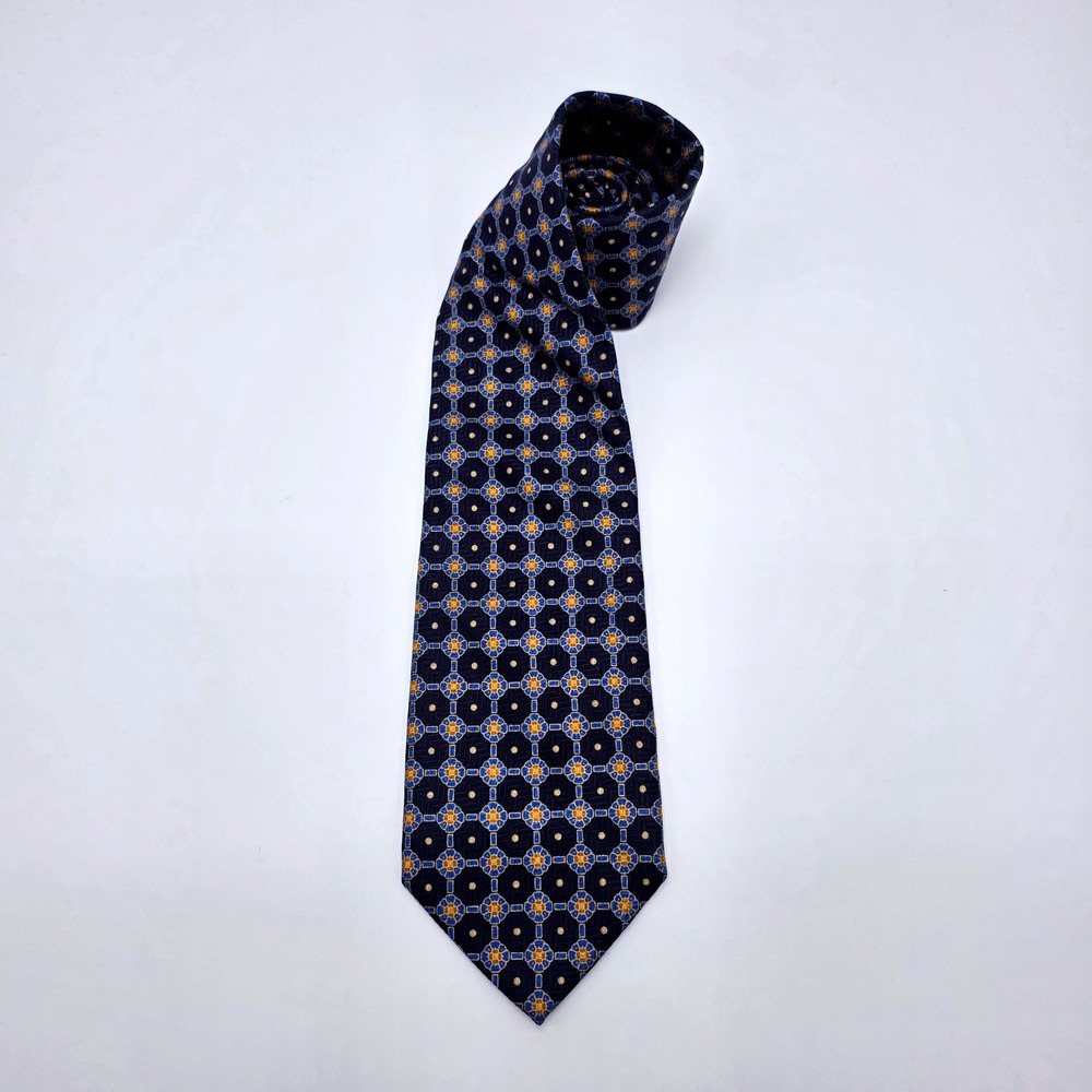 Wartsila Melissa Group Navy Blue Gold Silk Geometric Medallion Tie Made in Italy